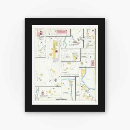 Old map wall art mockup — black gallery frame with white mat — Sanborn Fire Insurance Map from Bridgewater, Plymouth County, Massachusetts (1901), Sheet #0007