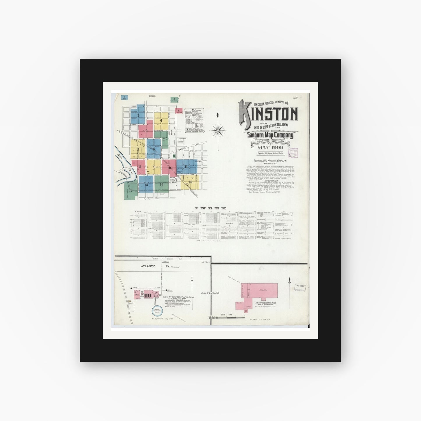 Old map wall art mockup — black gallery frame with white mat — Sanborn Fire Insurance Map from Kinston, Lenoir County, North Carolina (1908), Sheet #0001