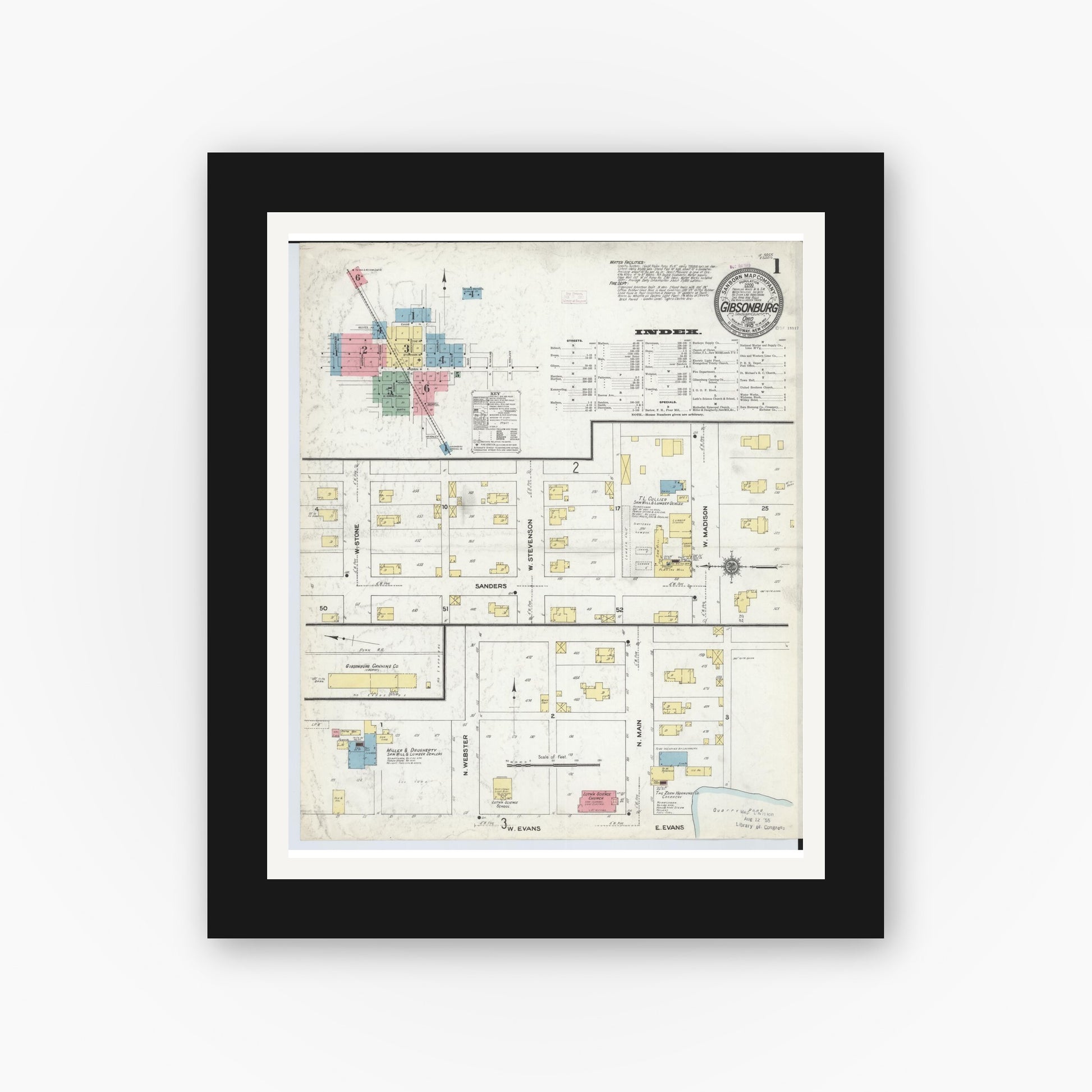 Old map wall art mockup — black gallery frame with white mat — Sanborn Fire Insurance Map from Gibsonburg, Sandusky County, Ohio (1910), Sheet #0001