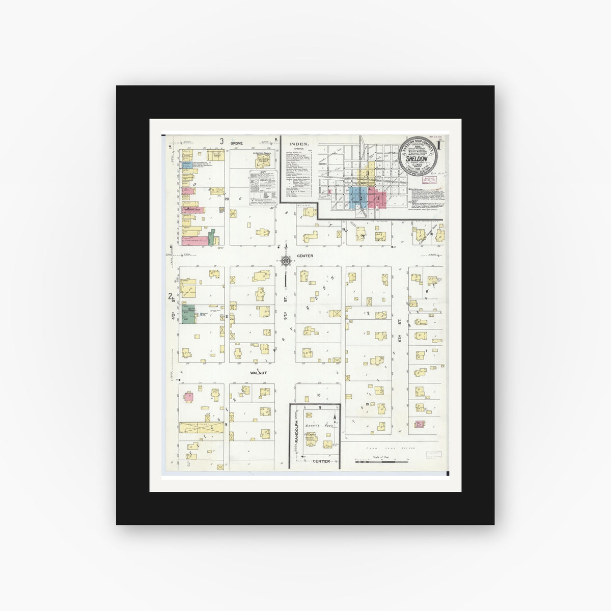 Old map wall art mockup — black gallery frame with white mat — Sanborn Fire Insurance Map from Sheldon, Iroquois County, Illinois (1910) - Complete Map Set