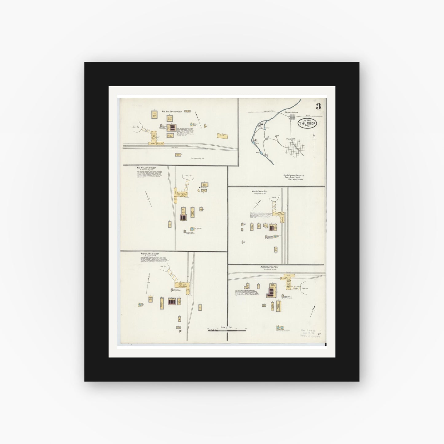 Old map wall art mockup — black gallery frame with white mat — Sanborn Fire Insurance Map from Thurber, Erath County, Texas (1905), Sheet #0003