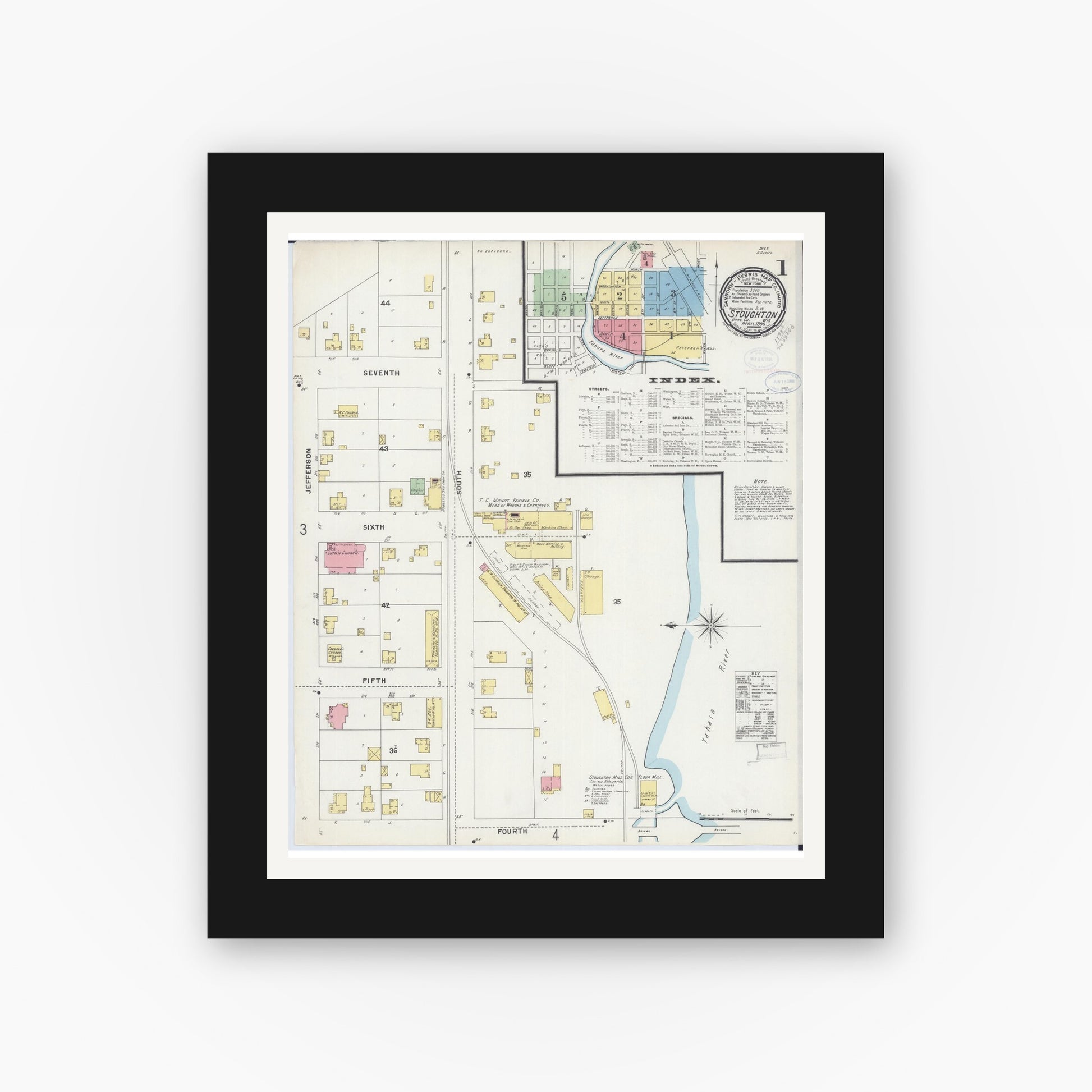 Old map wall art mockup — black gallery frame with white mat — Sanborn Fire Insurance Map from Stoughton, Dane County, Wisconsin (1898) - Complete Map Set