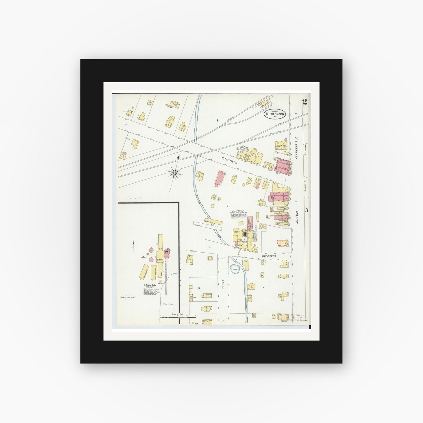 Old map wall art mockup — black gallery frame with white mat — Sanborn Fire Insurance Map from New London, Huron County, Ohio (1899), Sheet #0002