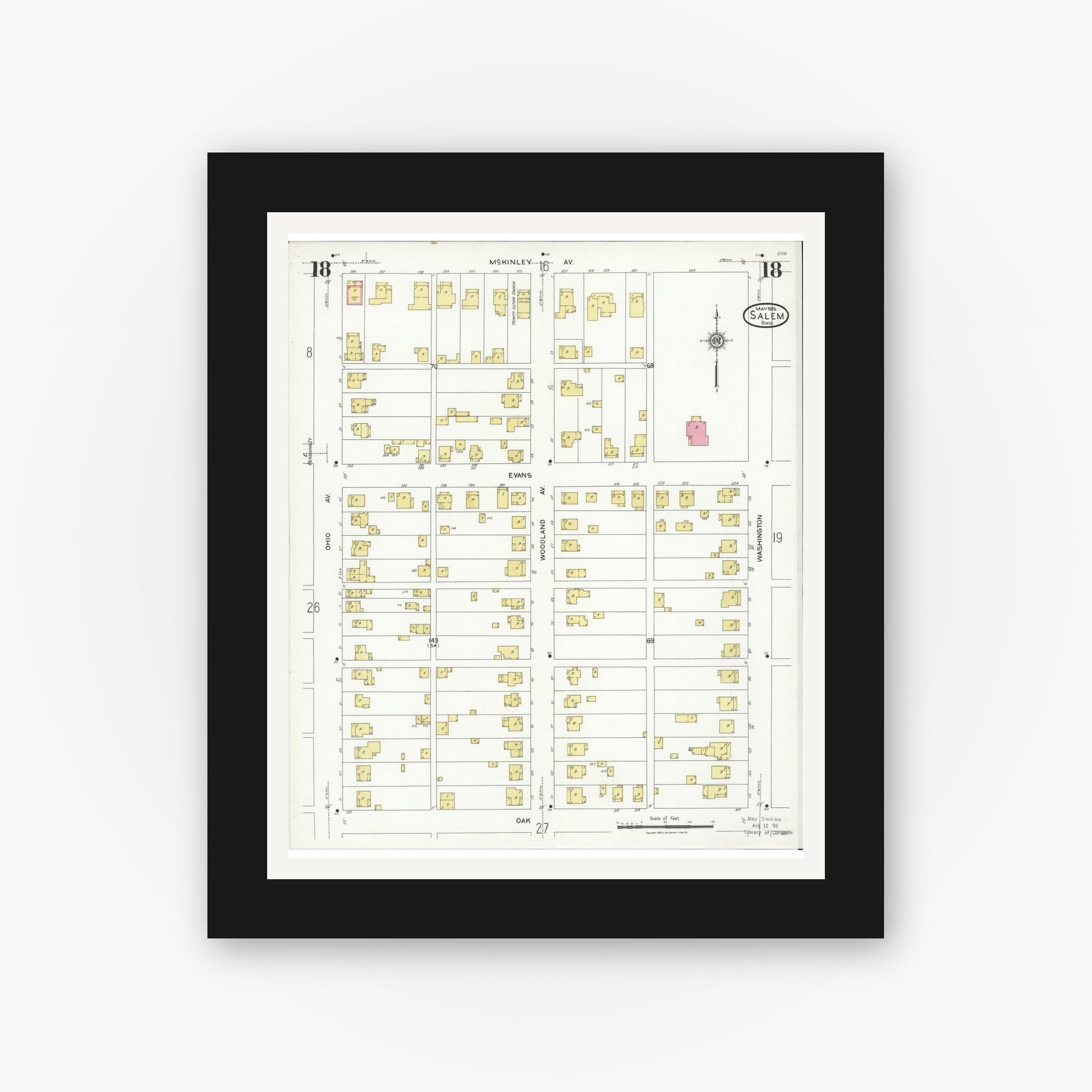Old map wall art mockup — black gallery frame with white mat — Sanborn Fire Insurance Map from Salem, Columbiana County, Ohio (1926), Sheet #0018