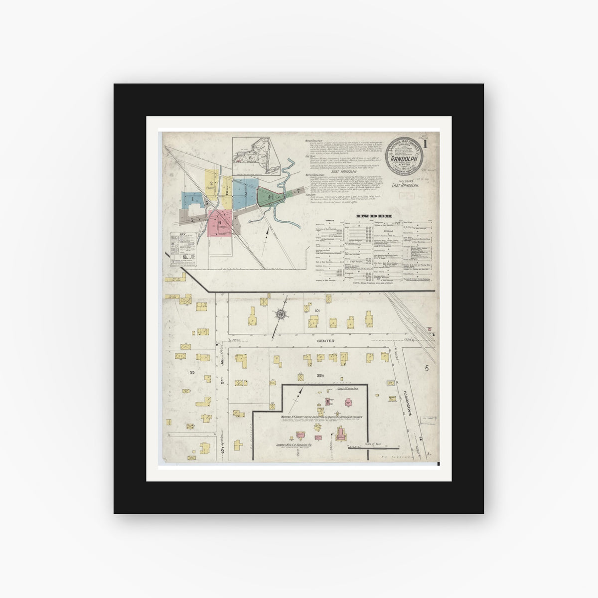 Old map wall art mockup — black gallery frame with white mat — Sanborn Fire Insurance Map from Randolph, Cattaraugus County, New York (1913) - Complete Map Set