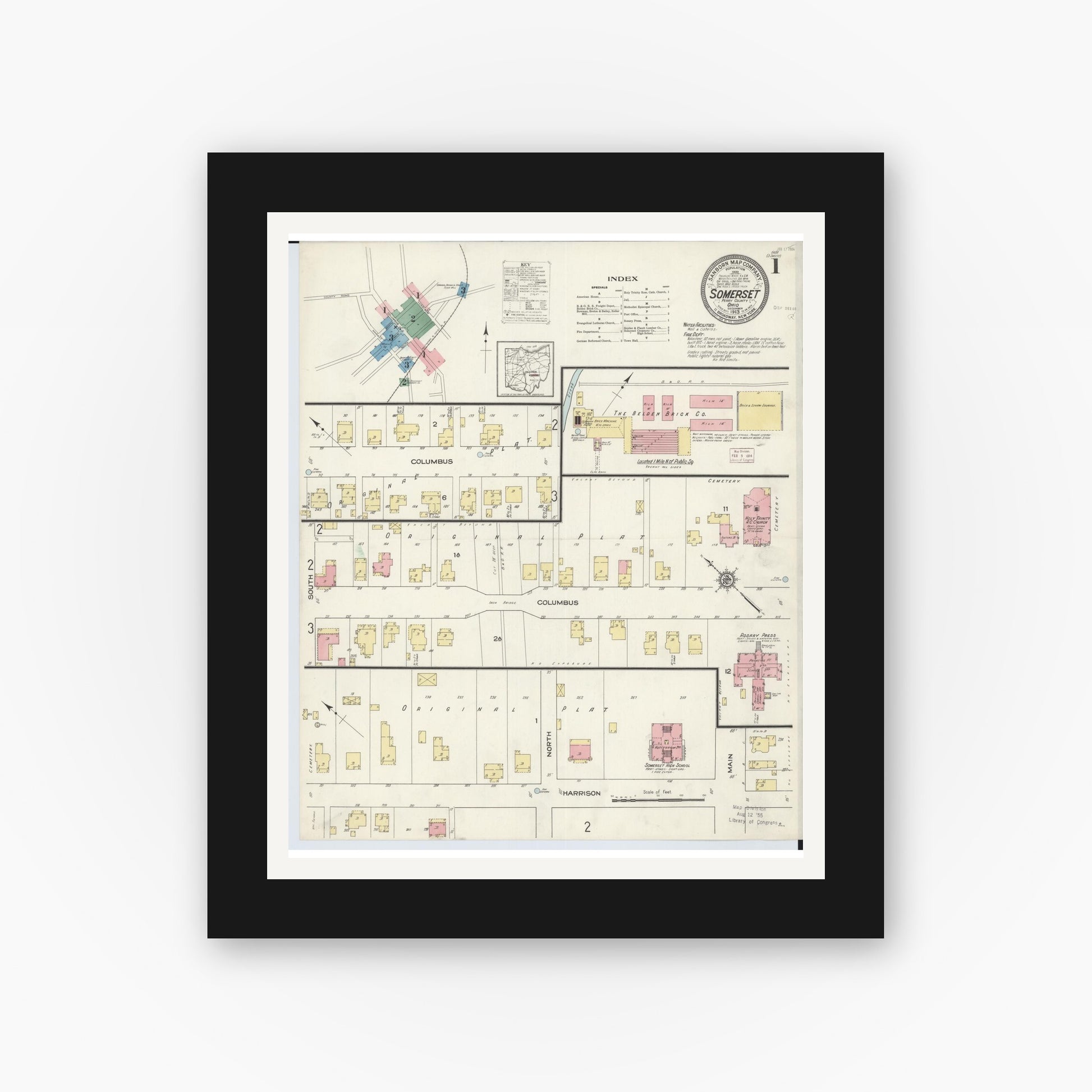 Old map wall art mockup — black gallery frame with white mat — Sanborn Fire Insurance Map from Somerset, Perry County, Ohio (1913), Sheet #0001