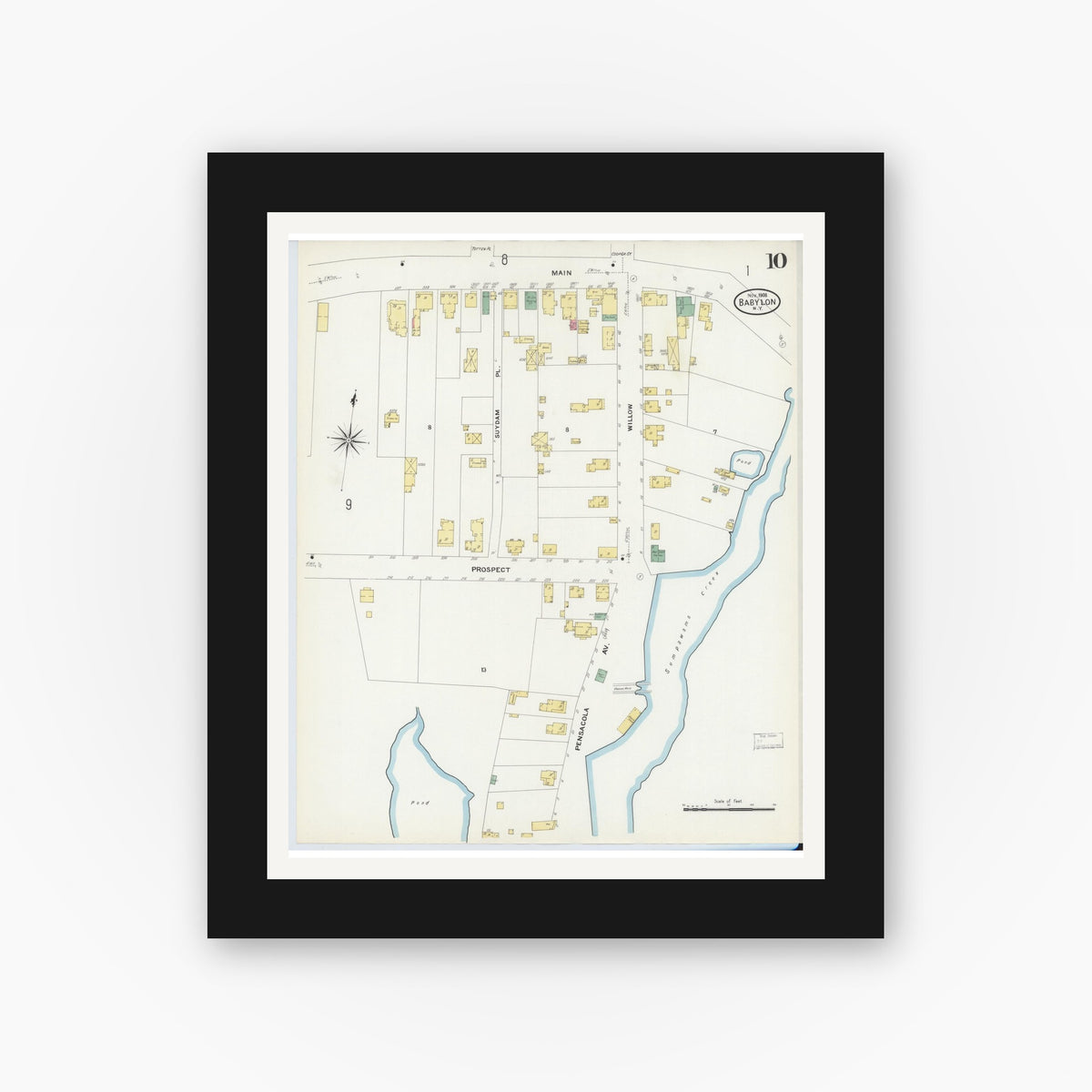 Old map wall art mockup — black gallery frame with white mat — Sanborn Fire Insurance Map from Babylon, Suffolk County, New York (1908), Sheet #0010