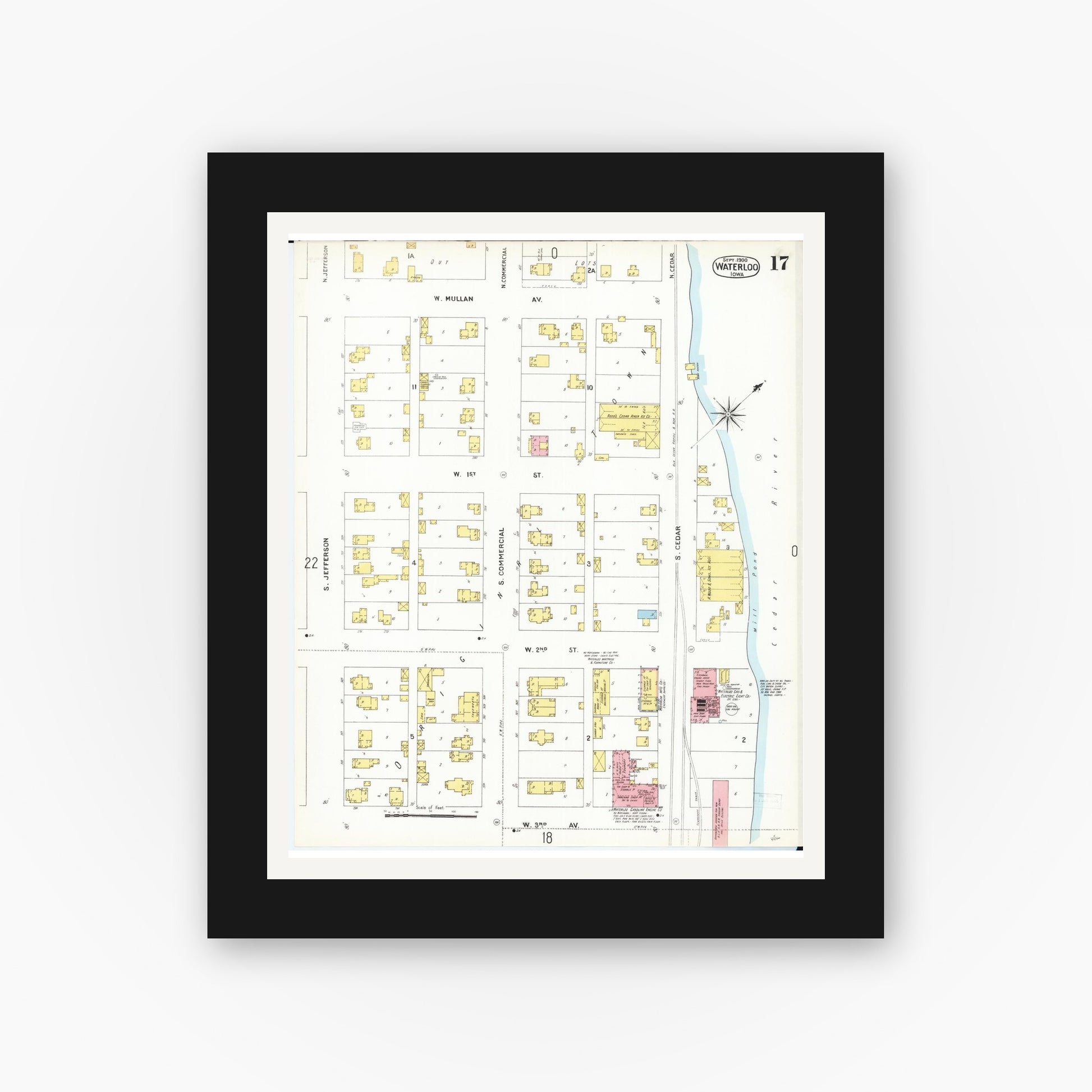 Old map wall art mockup — black gallery frame with white mat — Sanborn Fire Insurance Map from Waterloo, Black Hawk County, Iowa (1900), Sheet #0017