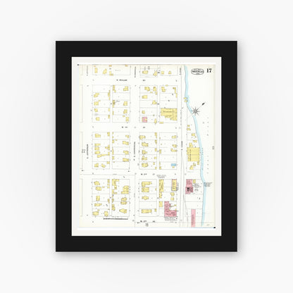 Old map wall art mockup — black gallery frame with white mat — Sanborn Fire Insurance Map from Waterloo, Black Hawk County, Iowa (1900), Sheet #0017