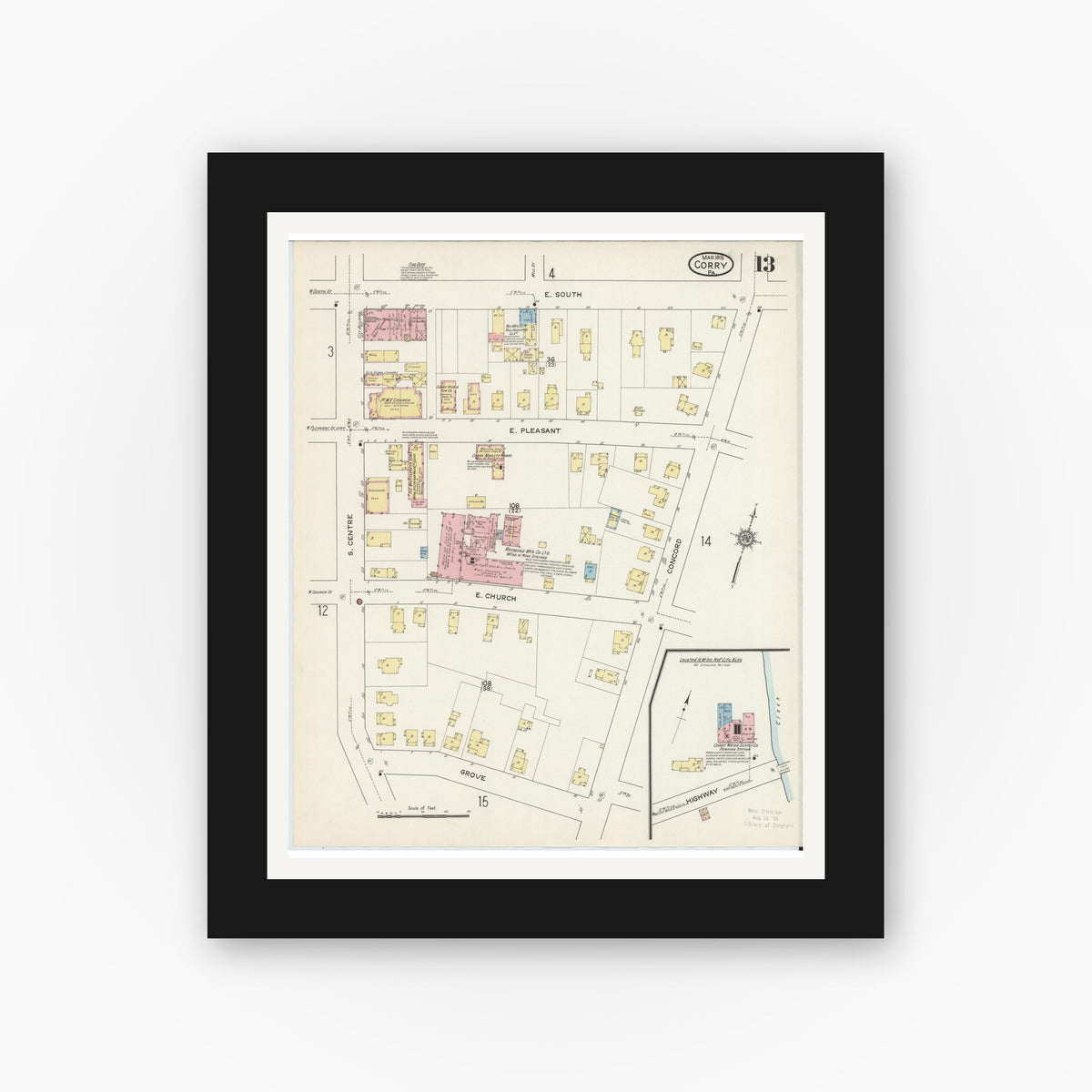 Old map wall art mockup — black gallery frame with white mat — Sanborn Fire Insurance Map from Corry, Erie County, Pennsylvania (1915), Sheet #0013