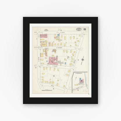 Old map wall art mockup — black gallery frame with white mat — Sanborn Fire Insurance Map from Corry, Erie County, Pennsylvania (1915), Sheet #0013