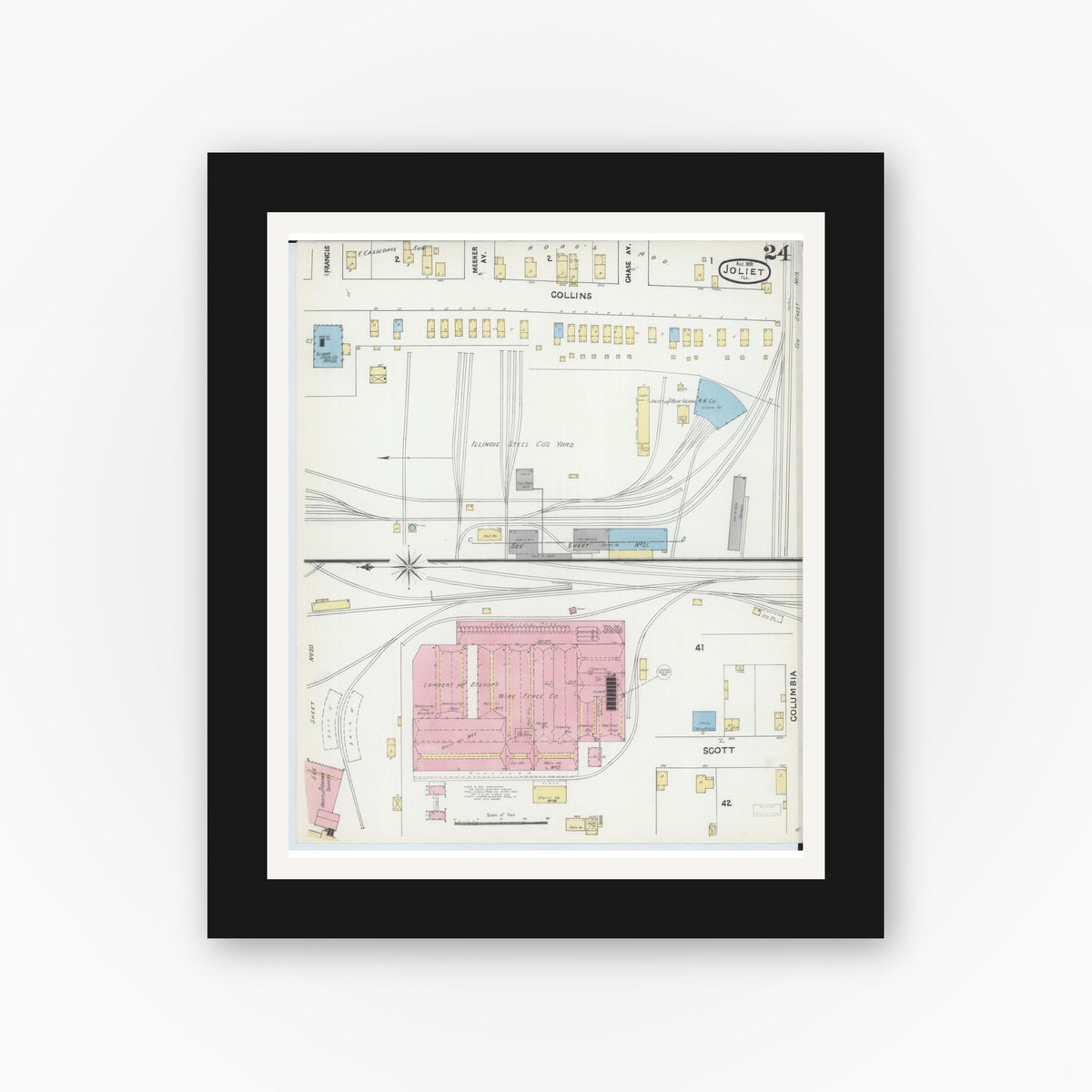 Old map wall art mockup — black gallery frame with white mat — Sanborn Fire Insurance Map from Joliet, Will County, Illinois (1891), Sheet #0024