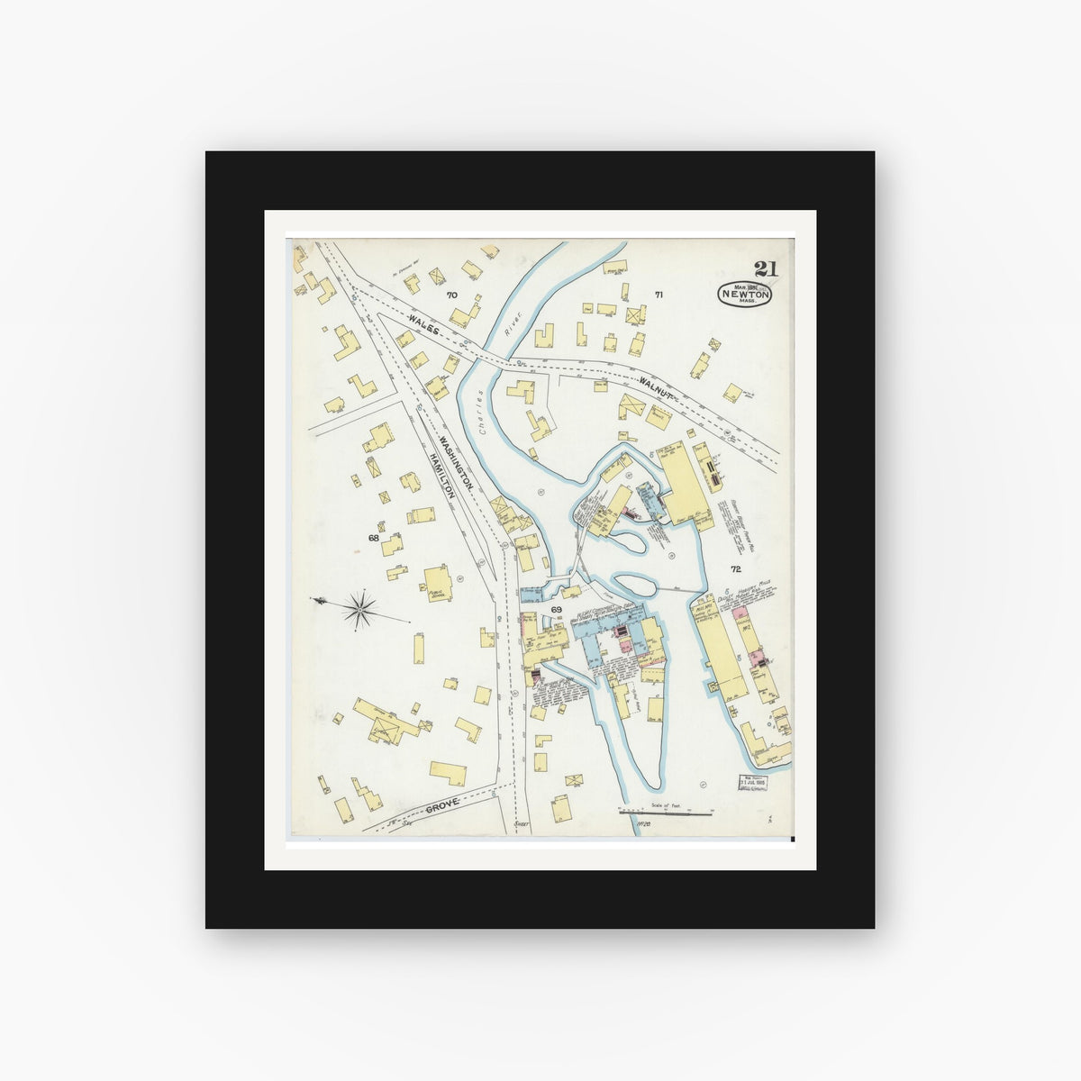 Old map wall art mockup — black gallery frame with white mat — Sanborn Fire Insurance Map from Newton, Middlesex County, Massachusetts (1892), Sheet #0021