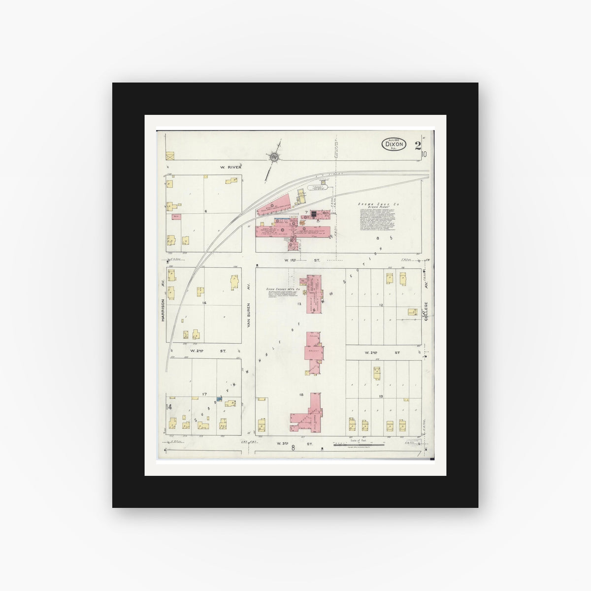 Old map wall art mockup — black gallery frame with white mat — Sanborn Fire Insurance Map from Dixon, Lee County, Illinois (1918), Sheet #0002
