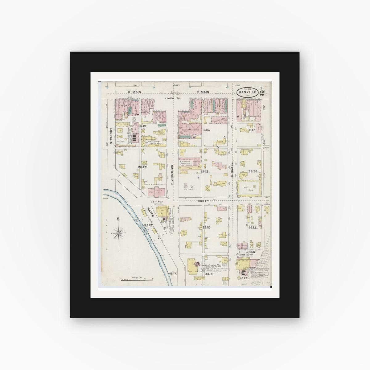 Old map wall art mockup — black gallery frame with white mat — Sanborn Fire Insurance Map from Danville, Vermilion County, Illinois (1890), Sheet #0002