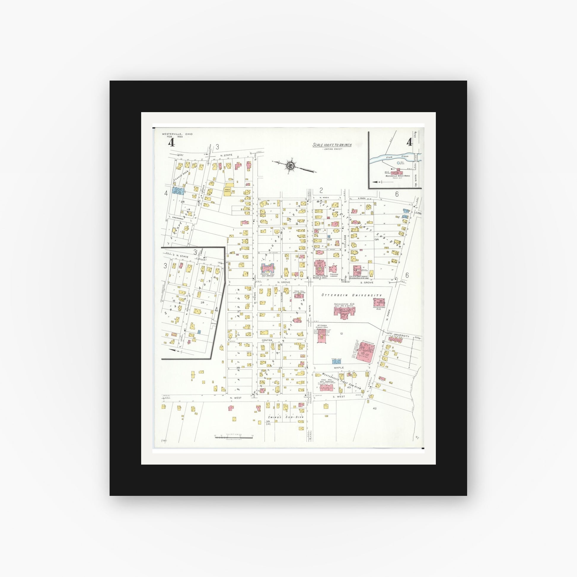 Old map wall art mockup — black gallery frame with white mat — Sanborn Fire Insurance Map from Westerville, Franklin County, Ohio (1933), Sheet #0004