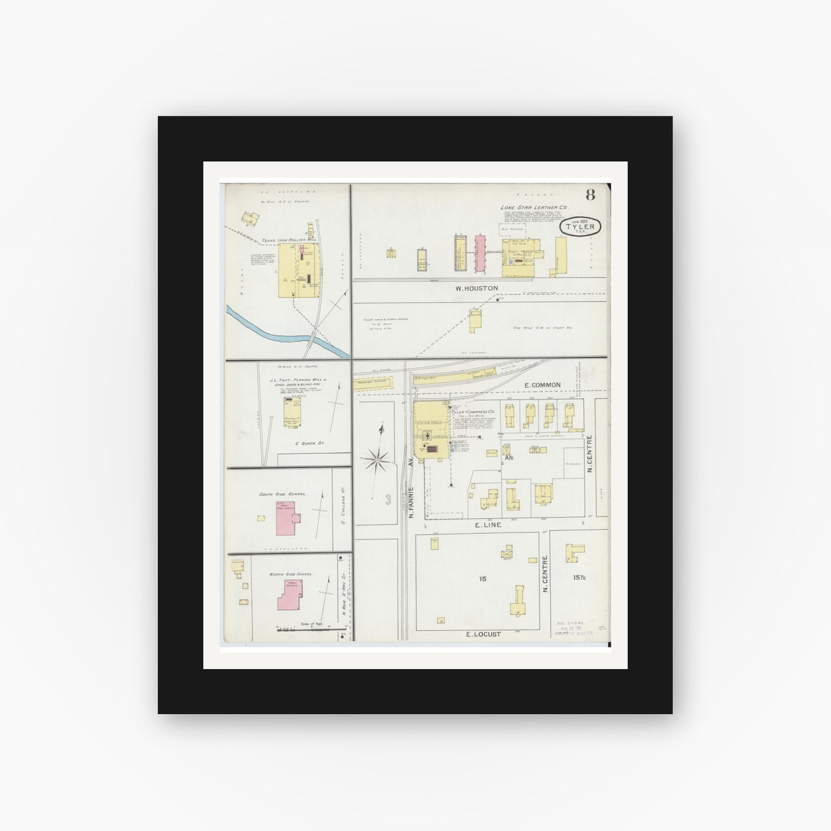 Old map wall art mockup — black gallery frame with white mat — Sanborn Fire Insurance Map from Tyler, Smith County, Texas (1893), Sheet #0008