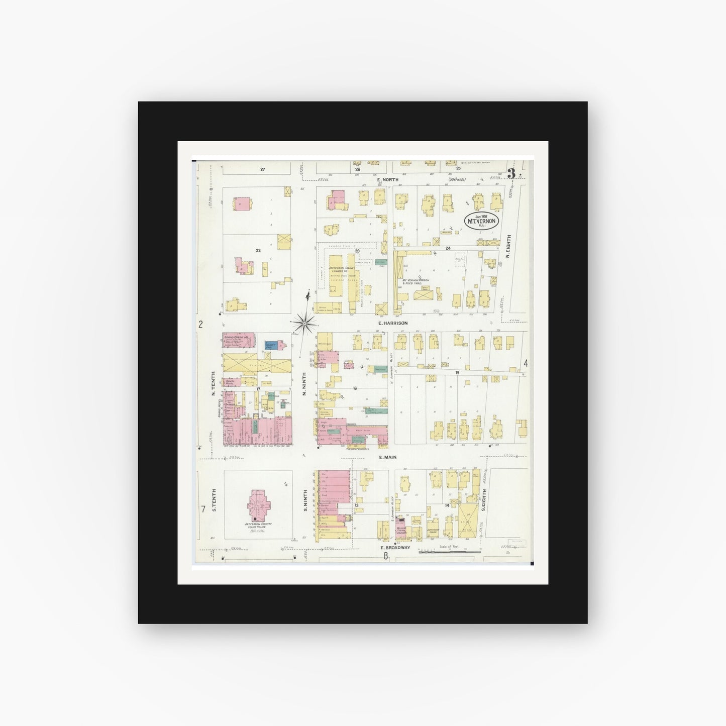 Old map wall art mockup — black gallery frame with white mat — Sanborn Fire Insurance Map from Mount Vernon, Jefferson County, Illinois (1908), Sheet #0003