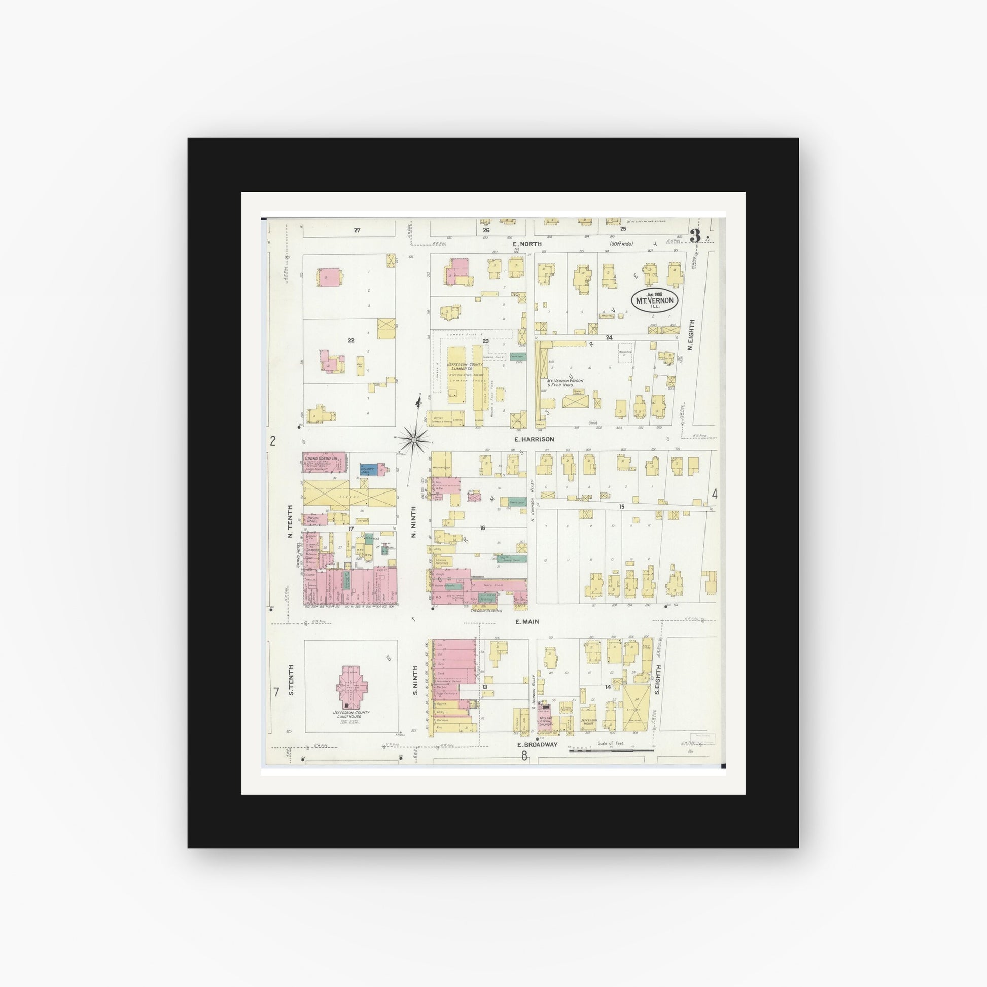 Old map wall art mockup — black gallery frame with white mat — Sanborn Fire Insurance Map from Mount Vernon, Jefferson County, Illinois (1908), Sheet #0003