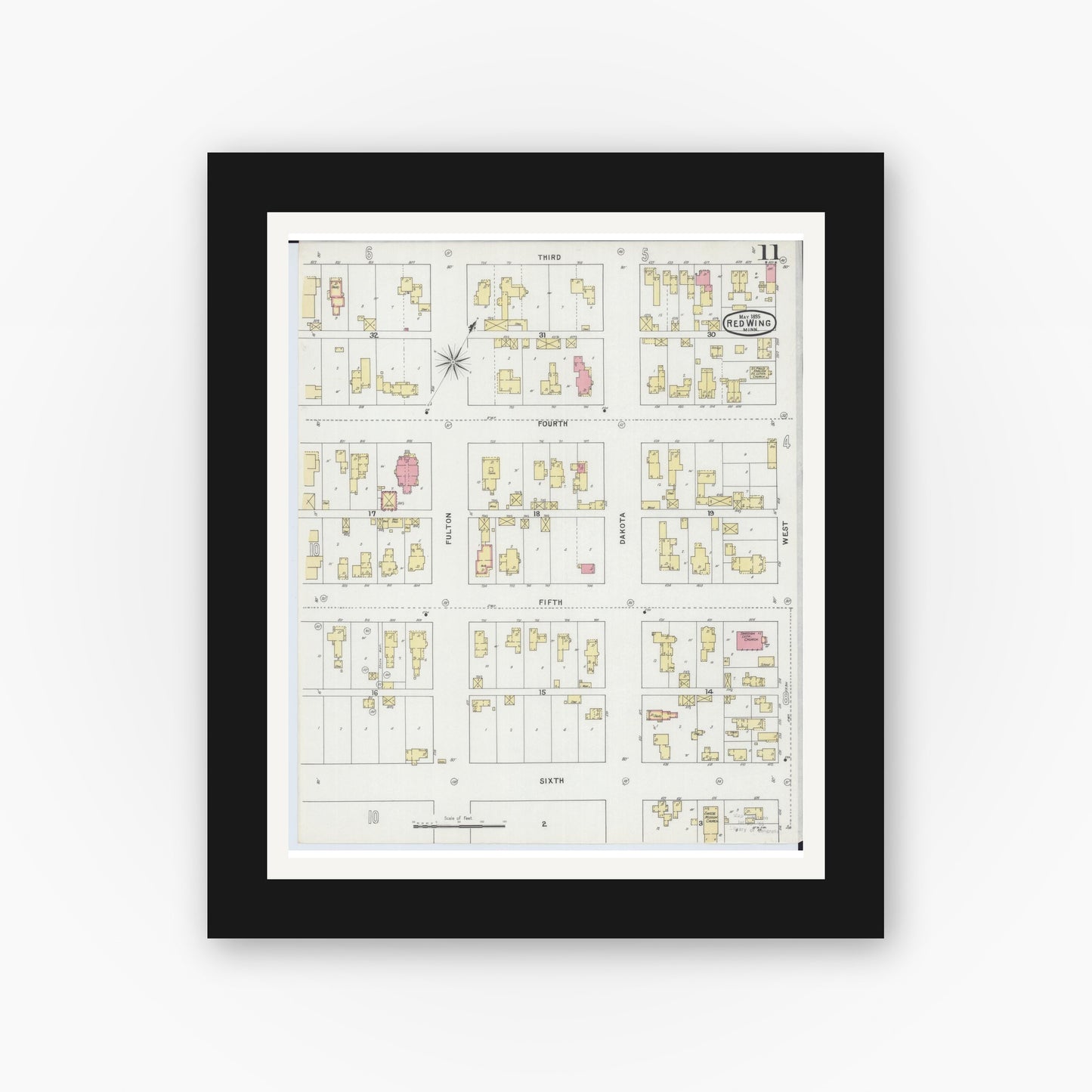 Old map wall art mockup — black gallery frame with white mat — Sanborn Fire Insurance Map from Red Wing, Goodhue County, Minnesota (1895), Sheet #0011