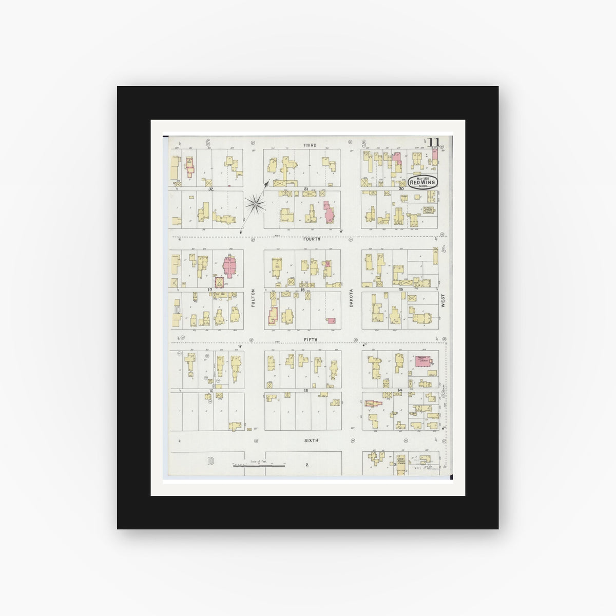 Old map wall art mockup — black gallery frame with white mat — Sanborn Fire Insurance Map from Red Wing, Goodhue County, Minnesota (1895), Sheet #0011