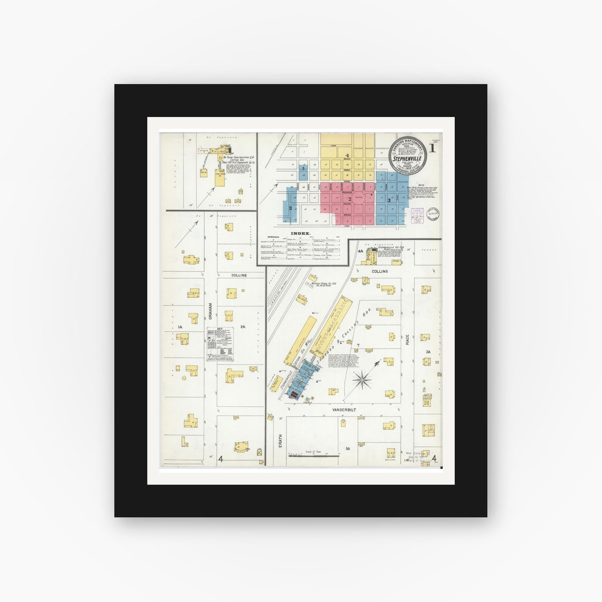 Old map wall art mockup — black gallery frame with white mat — Sanborn Fire Insurance Map from Stephenville, Erath County, Texas (1902), Sheet #0001