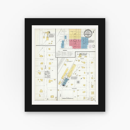 Old map wall art mockup — black gallery frame with white mat — Sanborn Fire Insurance Map from Stephenville, Erath County, Texas (1902), Sheet #0001