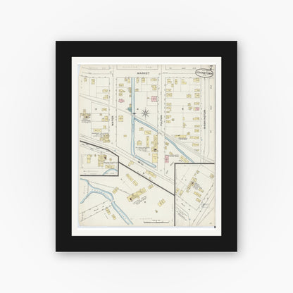 Old map wall art mockup — black gallery frame with white mat — Sanborn Fire Insurance Map from Johnstown, Fulton County, New York (1887), Sheet #0007