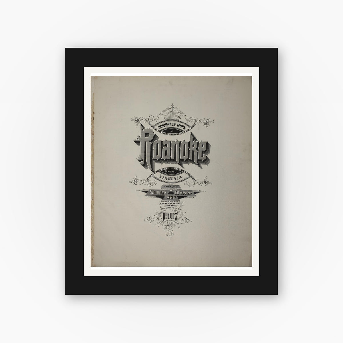 Old map wall art mockup — black gallery frame with white mat — Sanborn Fire Insurance Map from Roanoke, Independent Cities, Virginia (1907), Sheet #0001