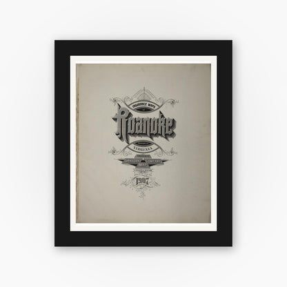 Old map wall art mockup — black gallery frame with white mat — Sanborn Fire Insurance Map from Roanoke, Independent Cities, Virginia (1907), Sheet #0001
