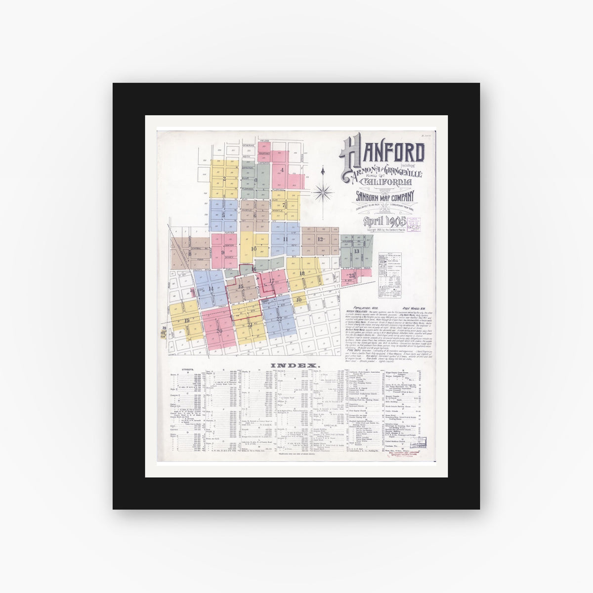 Old map wall art mockup — black gallery frame with white mat — Sanborn Fire Insurance Map from Hanford, Kings County, California (1905) - Complete Map Set