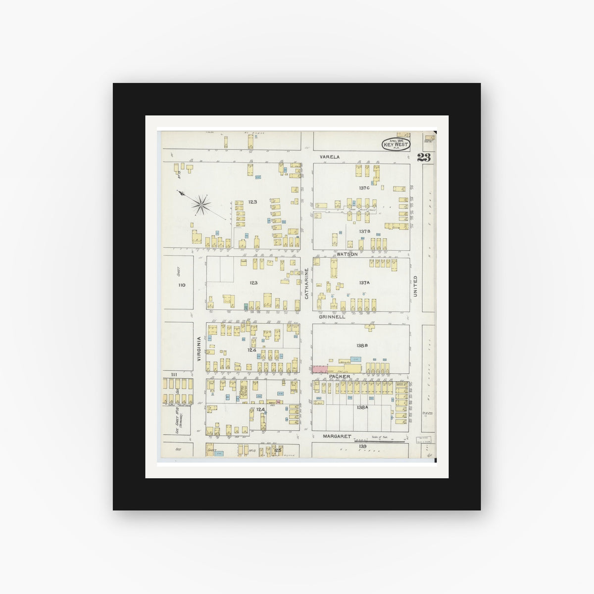 Old map wall art mockup — black gallery frame with white mat — Sanborn Fire Insurance Map from Key West, Monroe County, Florida (1892), Sheet #0023