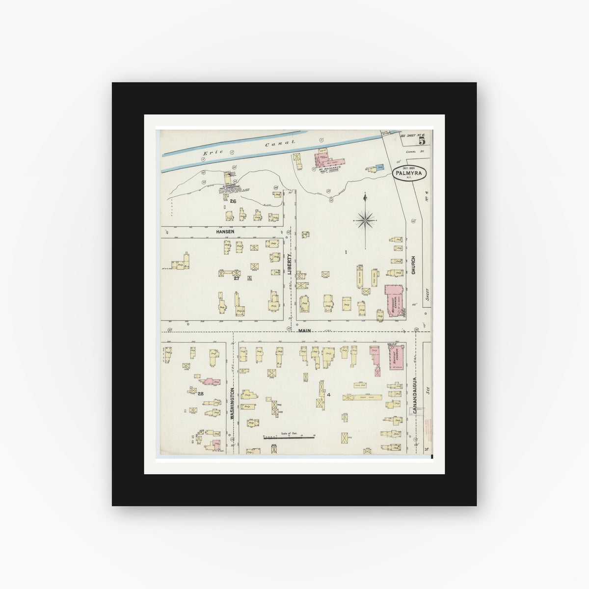 Old map wall art mockup — black gallery frame with white mat — Sanborn Fire Insurance Map from Palmyra, Wayne County, New York (1889), Sheet #0005