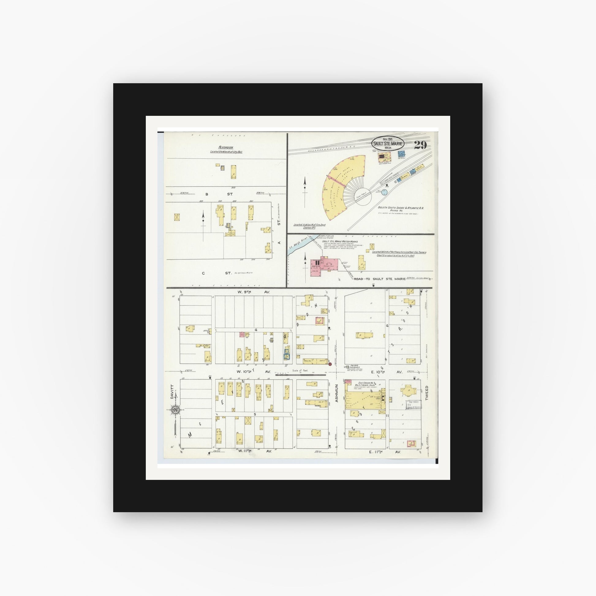 Old map wall art mockup — black gallery frame with white mat — Sanborn Fire Insurance Map from Sault Sainte Marie, Chippewa County, Michigan (1915), Sheet #0029