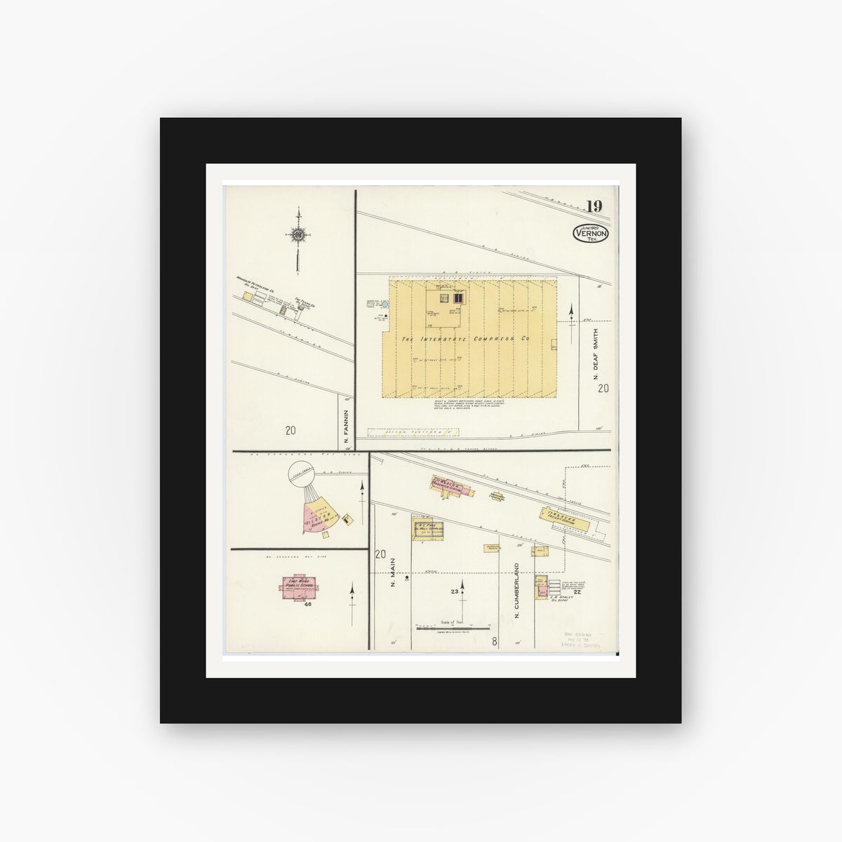 Old map wall art mockup — black gallery frame with white mat — Sanborn Fire Insurance Map from Vernon, Wilbarger County, Texas (1920), Sheet #0019