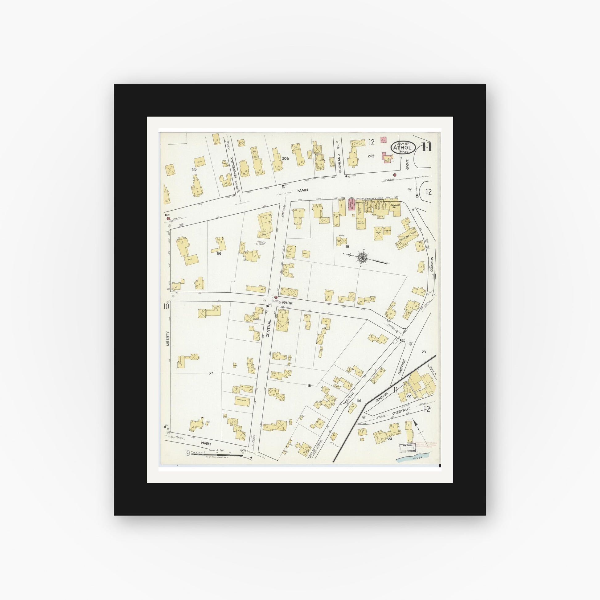 Old map wall art mockup — black gallery frame with white mat — Sanborn Fire Insurance Map from Athol, Worcester County, Massachusetts (1917), Sheet #0011