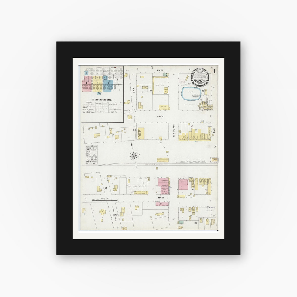 Old map wall art mockup — black gallery frame with white mat — Sanborn Fire Insurance Map from Forney, Kaufman County, Texas (1896), Sheet #0001