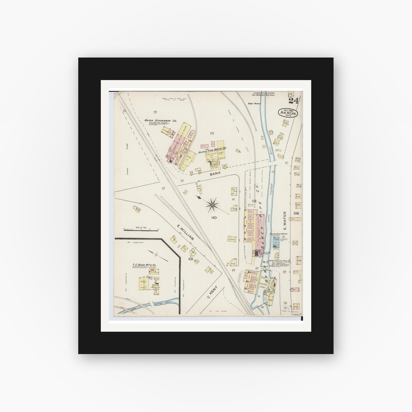 Old map wall art mockup — black gallery frame with white mat — Sanborn Fire Insurance Map from Akron, Summit County, Ohio (1886), Sheet #0024