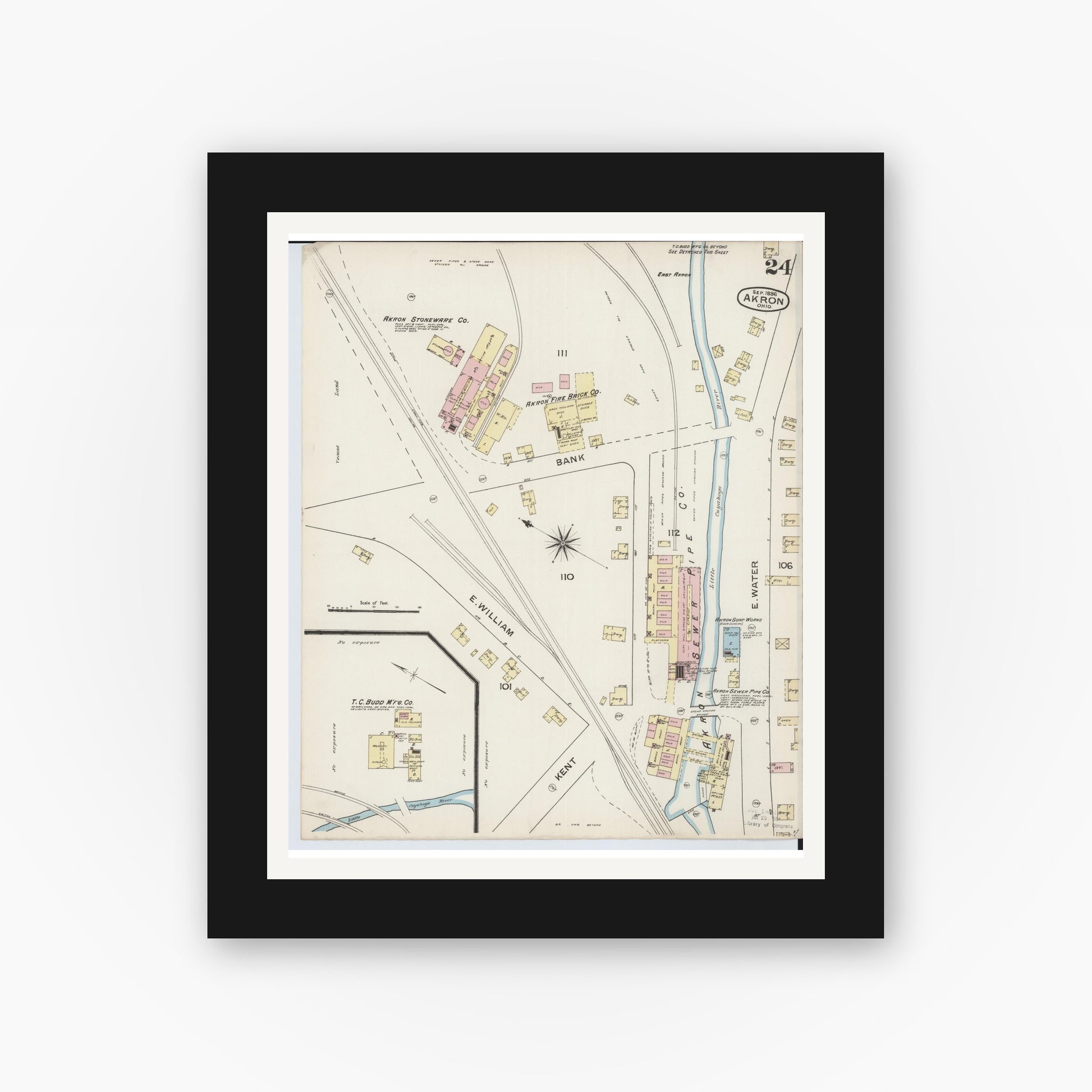 Old map wall art mockup — black gallery frame with white mat — Sanborn Fire Insurance Map from Akron, Summit County, Ohio (1886), Sheet #0024