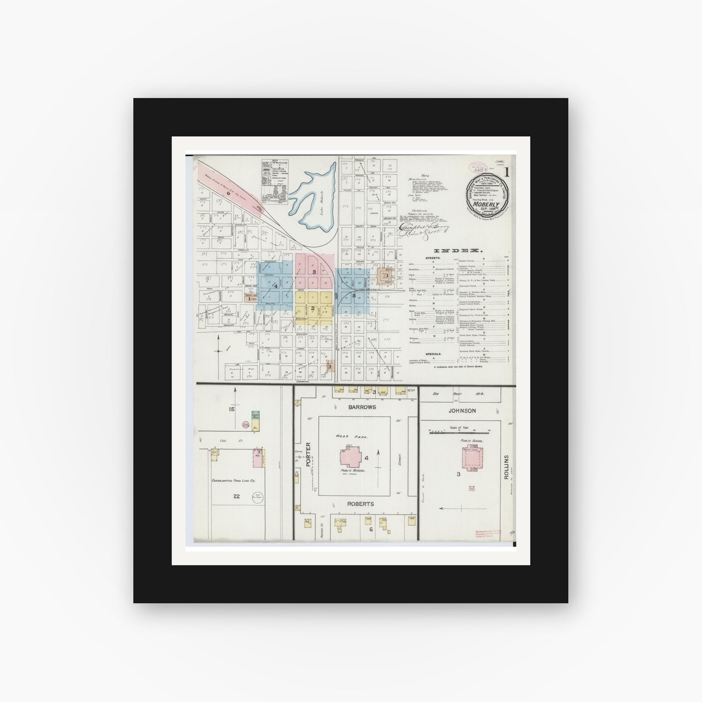Old map wall art mockup — black gallery frame with white mat — Sanborn Fire Insurance Map from Moberly, Randolph County, Missouri (1888), Sheet #0001