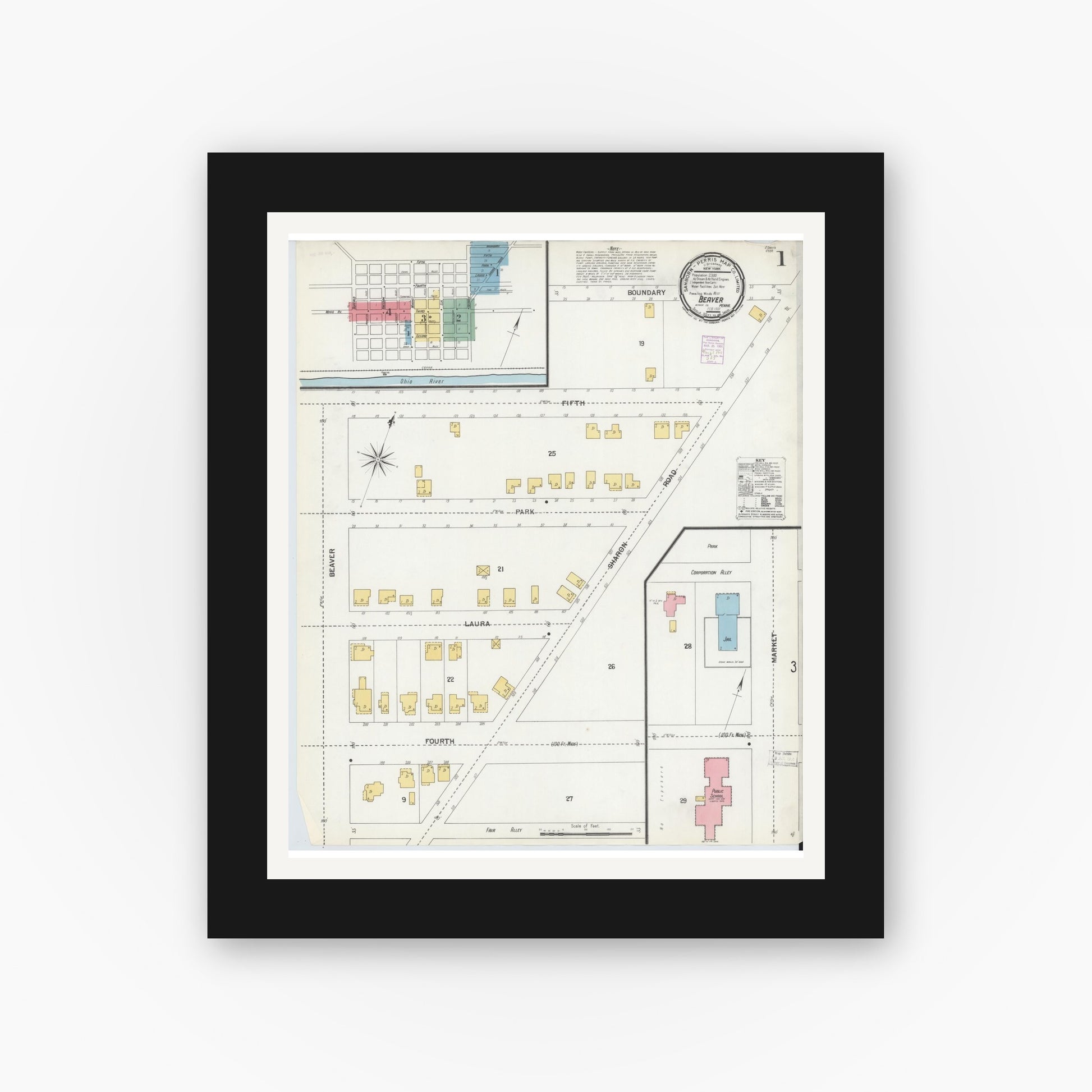 Old map wall art mockup — black gallery frame with white mat — Sanborn Fire Insurance Map from Beaver, Beaver County, Pennsylvania (1901) - Complete Map Set