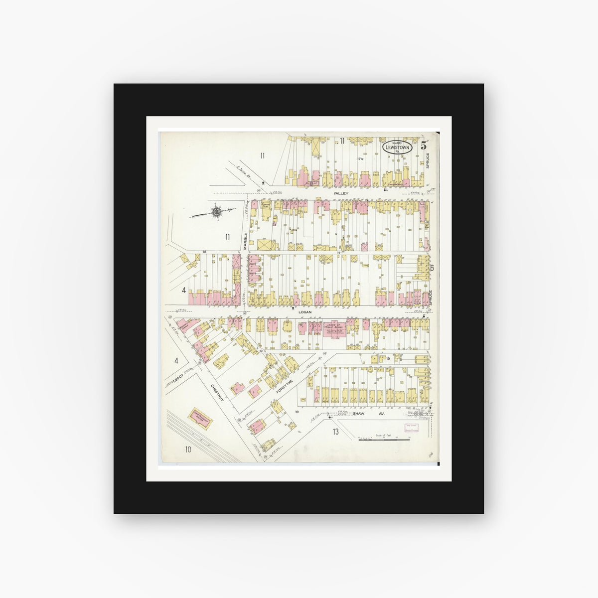 Old map wall art mockup — black gallery frame with white mat — Sanborn Fire Insurance Map from Lewistown, Mifflin County, Pennsylvania (1910), Sheet #0005