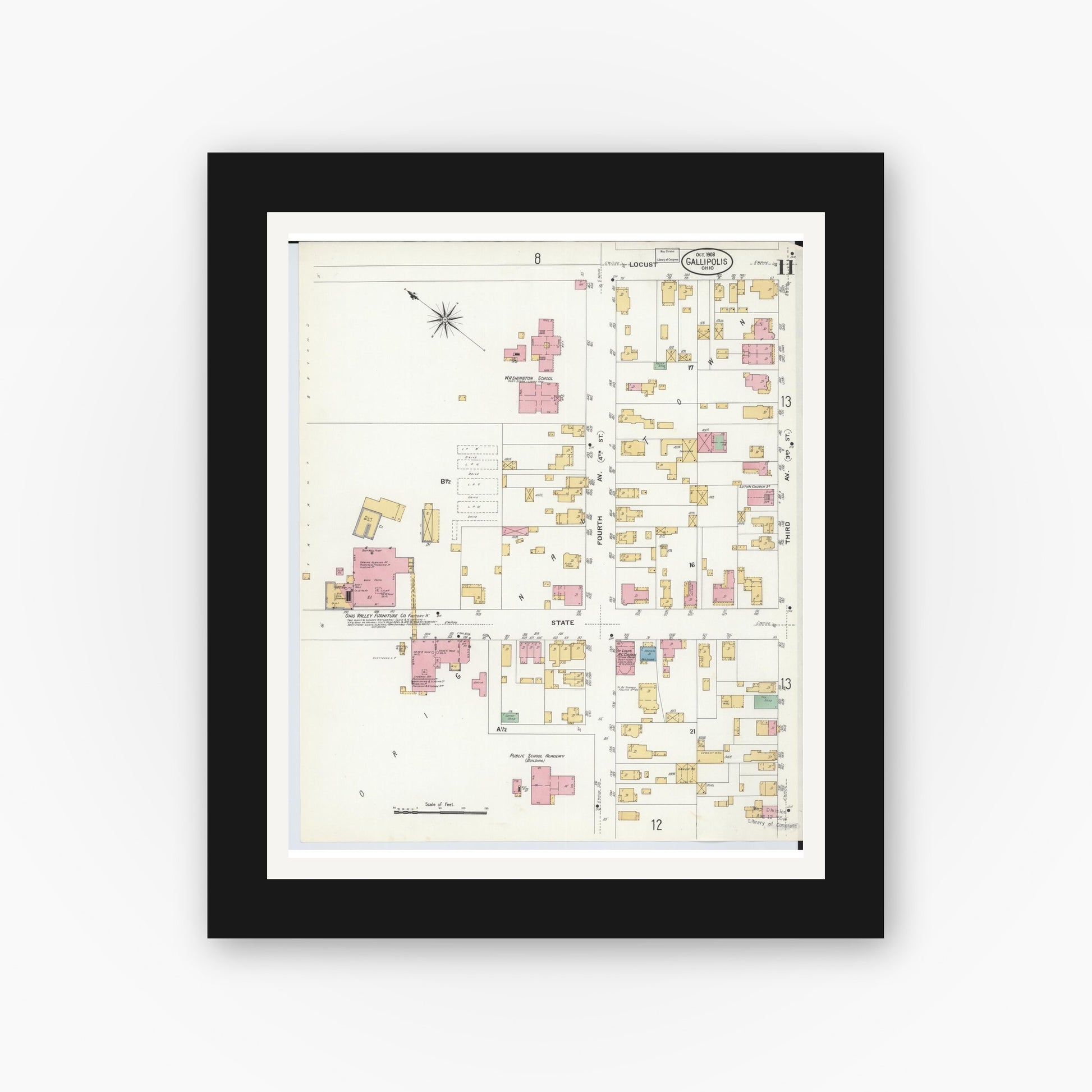Old map wall art mockup — black gallery frame with white mat — Sanborn Fire Insurance Map from Gallipolis, Gallia County, Ohio (1908), Sheet #0011