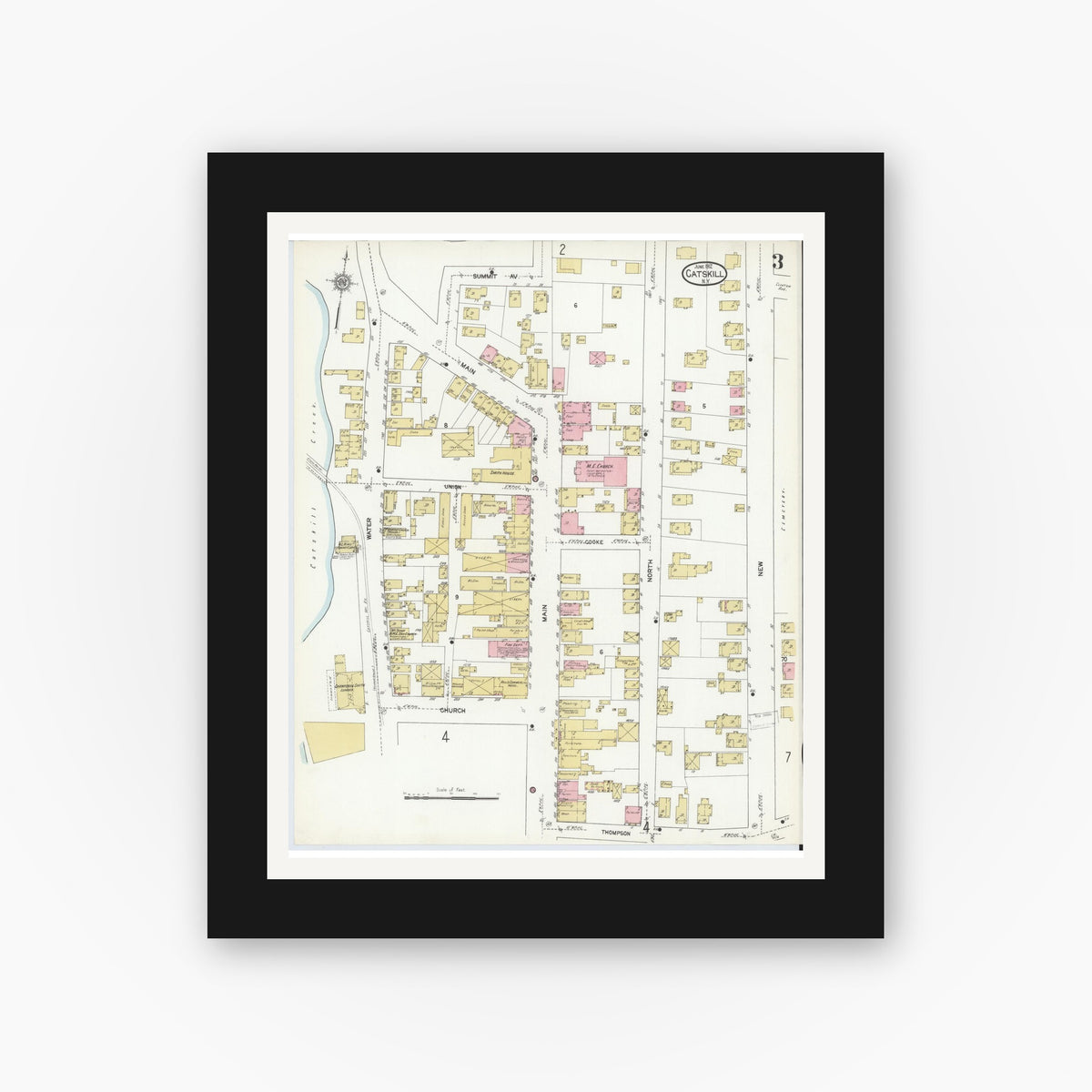 Old map wall art mockup — black gallery frame with white mat — Sanborn Fire Insurance Map from Catskill, Greene County, New York (1912), Sheet #0003
