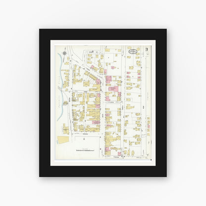 Old map wall art mockup — black gallery frame with white mat — Sanborn Fire Insurance Map from Catskill, Greene County, New York (1912), Sheet #0003