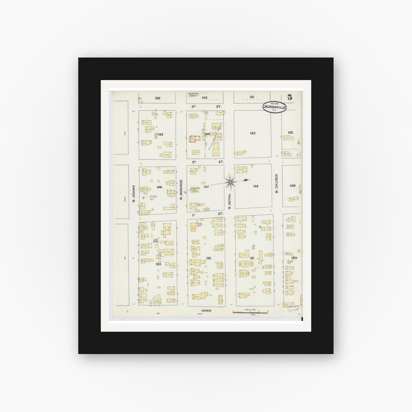 Old map wall art mockup — black gallery frame with white mat — Sanborn Fire Insurance Map from Jacksonville, Duval County, Florida (1891), Sheet #0005