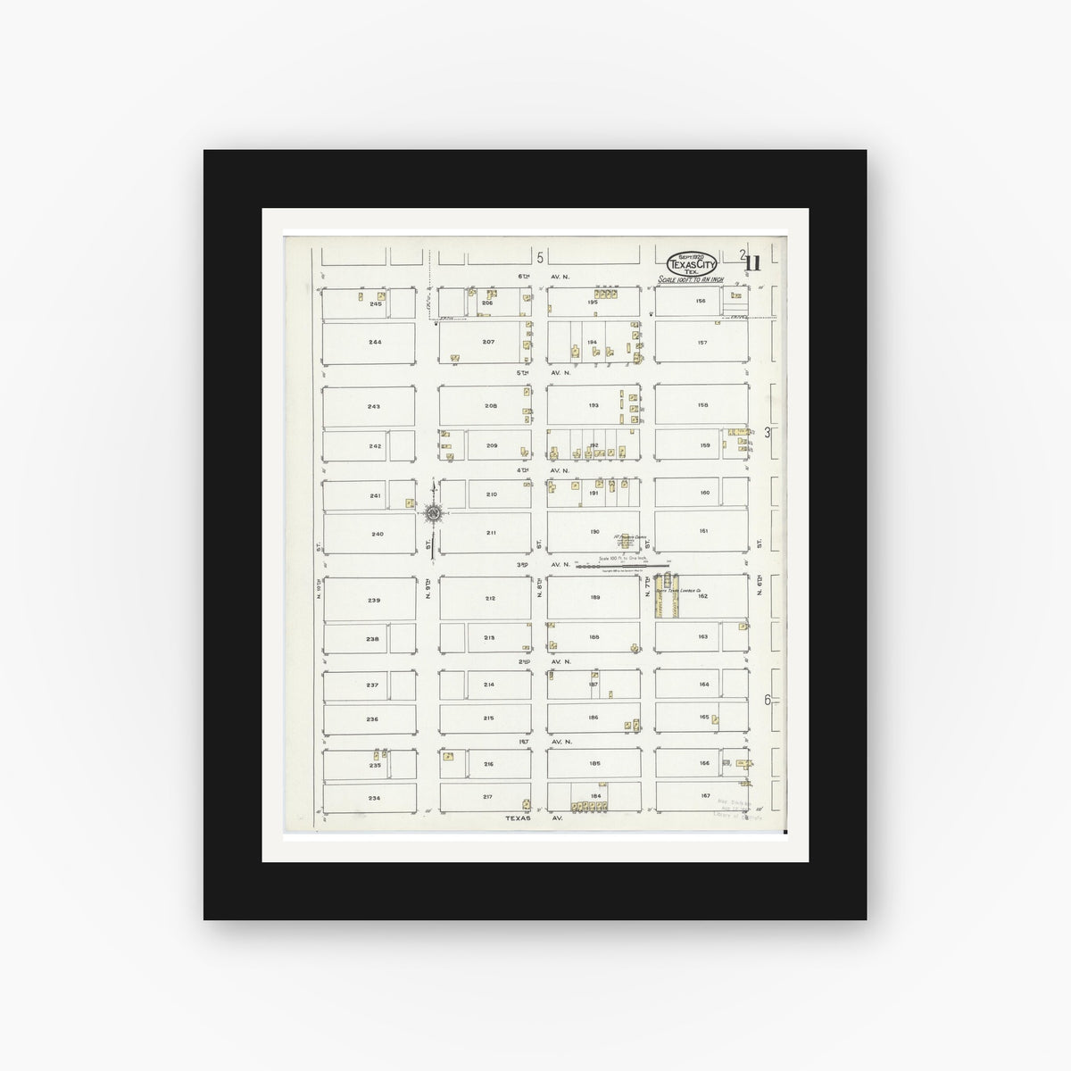 Old map wall art mockup — black gallery frame with white mat — Sanborn Fire Insurance Map from Texas City, Galveston County, Texas (1920), Sheet #0011