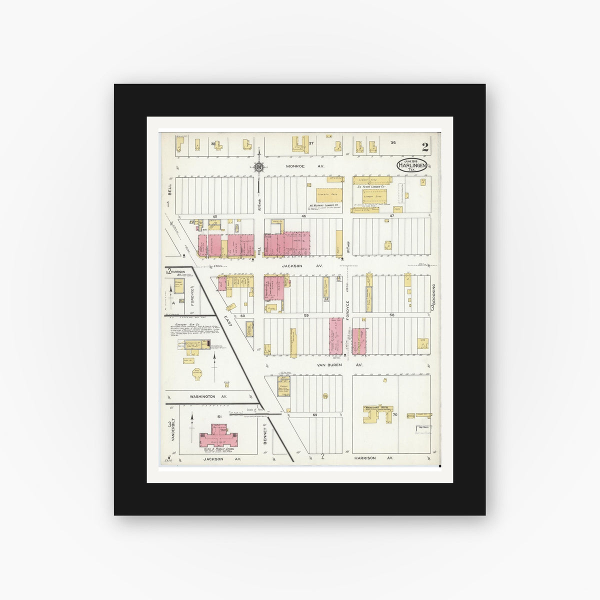 Old map wall art mockup — black gallery frame with white mat — Sanborn Fire Insurance Map from Harlingen, Cameron County, Texas (1919), Sheet #0002