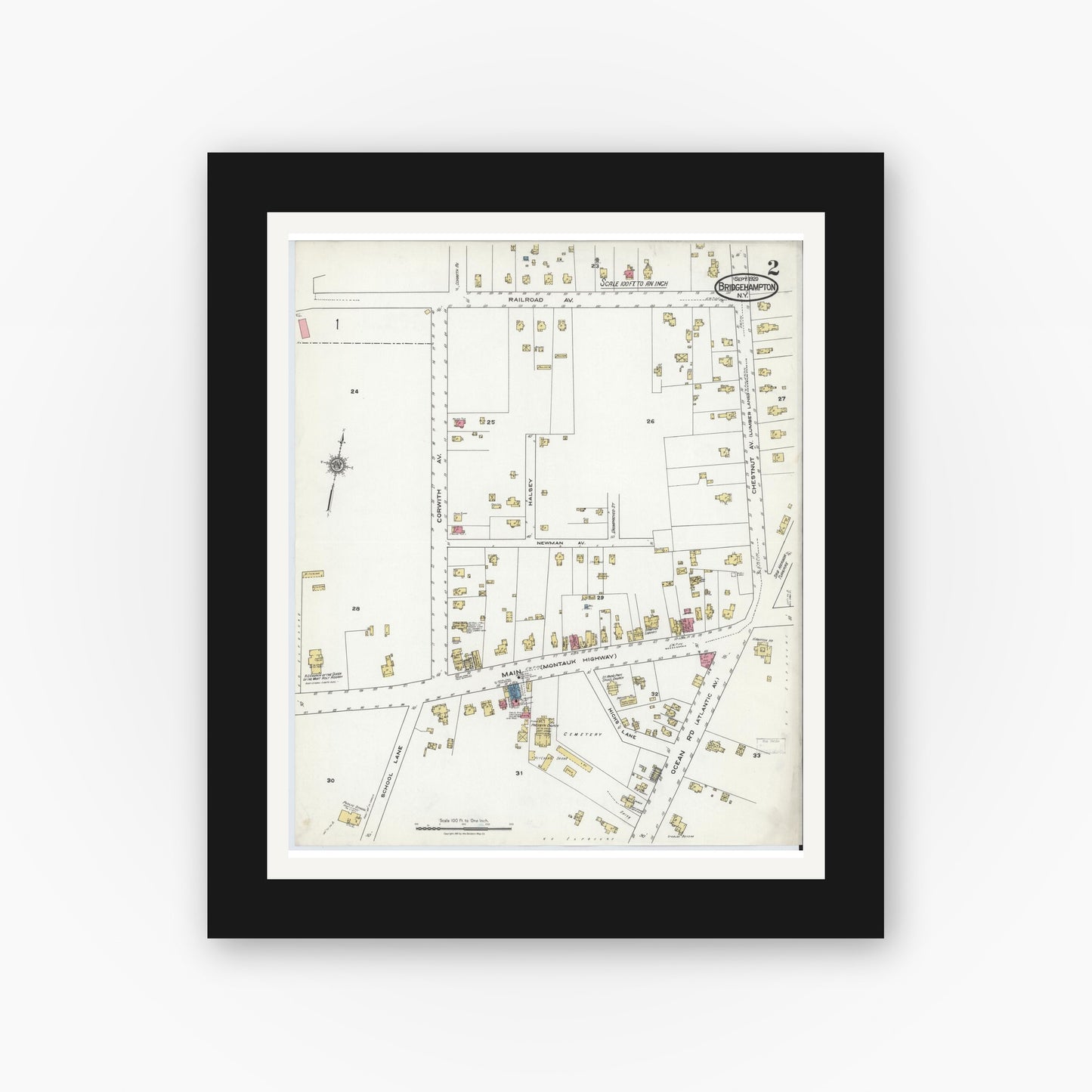 Old map wall art mockup — black gallery frame with white mat — Sanborn Fire Insurance Map from Bridgehampton, Suffolk County, New York (1920), Sheet #0002