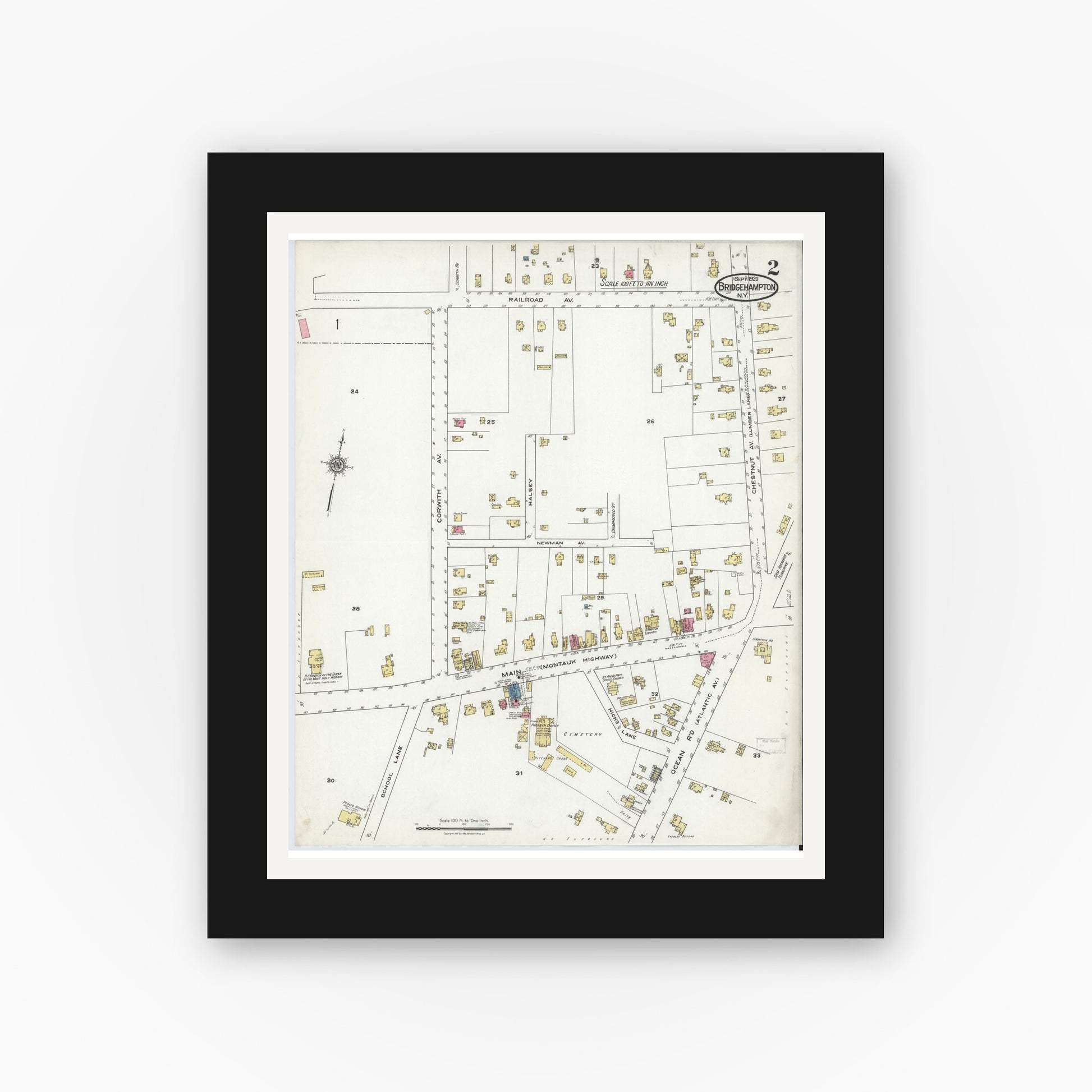 Old map wall art mockup — black gallery frame with white mat — Sanborn Fire Insurance Map from Bridgehampton, Suffolk County, New York (1920), Sheet #0002
